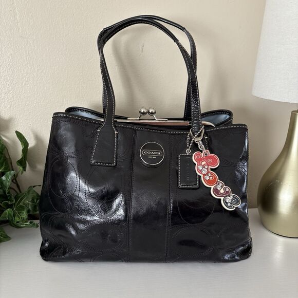 Coach F15658 Black Stitch Signature Leather Framed Carryall KissLock Tote Bag - Picture 13 of 13